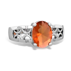 Fire Opal Art Deco Filigree 14K White Gold ring R2322