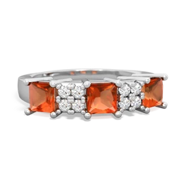 Fire Opal Three Stone Diamond Cluster 14K White Gold ring R2592