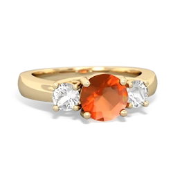 Fire Opal Three Stone Round Trellis 14K Yellow Gold ring R4018