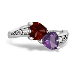 Garnet Snuggling Hearts 14K White Gold ring R2178