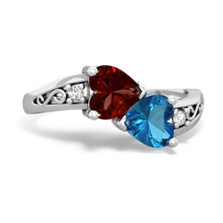 Garnet Snuggling Hearts 14K White Gold ring R2178