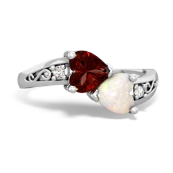 Garnet Snuggling Hearts 14K White Gold ring R2178