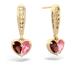 Garnet Filligree Heart 14K Yellow Gold earrings E5070