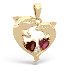 Garnet Dolphin Heart 14K Yellow Gold pendant P5820