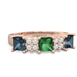 Lab Emerald Three Stone Diamond Cluster 14K Rose Gold ring R2592