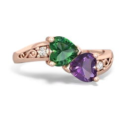 Lab Emerald Snuggling Hearts 14K Rose Gold ring R2178