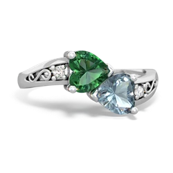 Lab Emerald Snuggling Hearts 14K White Gold ring R2178