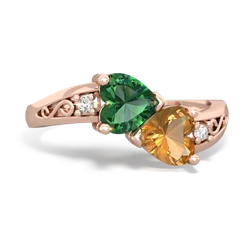 Lab Emerald Snuggling Hearts 14K Rose Gold ring R2178