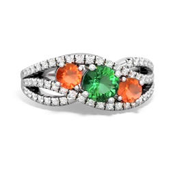 Lab Emerald Three Stone Aurora 14K White Gold ring R3080