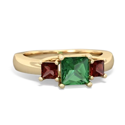 Lab Emerald Three Stone Trellis 14K Yellow Gold ring R4015