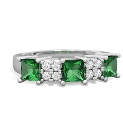 Lab Emerald Three Stone Diamond Cluster 14K White Gold ring R2592