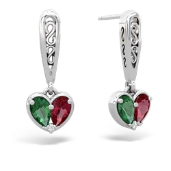 Lab Emerald Filligree Heart 14K White Gold earrings E5070