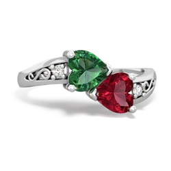 Lab Emerald Snuggling Hearts 14K White Gold ring R2178