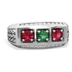 Lab Emerald Three Stone Tire Tread Men's 14K White Gold ring R0520