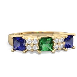 Lab Emerald Three Stone Diamond Cluster 14K Yellow Gold ring R2592