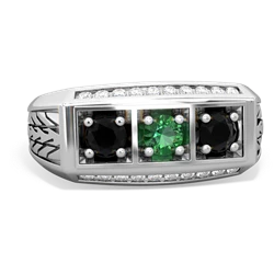 Lab Emerald Three Stone Tire Tread Men's 14K White Gold ring R0520