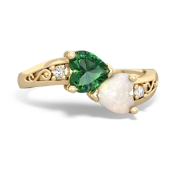 Lab Emerald Snuggling Hearts 14K Yellow Gold ring R2178