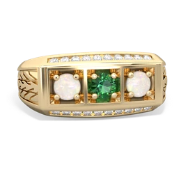 Lab Emerald Three Stone Tire Tread Men's 14K Yellow Gold ring R0520