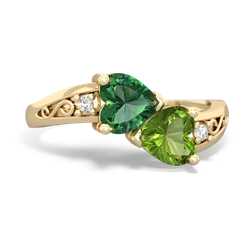 Lab Emerald Snuggling Hearts 14K Yellow Gold ring R2178