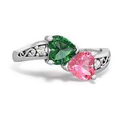 Lab Emerald Snuggling Hearts 14K White Gold ring R2178