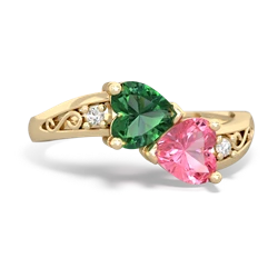 Lab Emerald Snuggling Hearts 14K Yellow Gold ring R2178