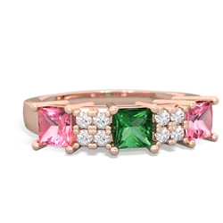 Lab Emerald Three Stone Diamond Cluster 14K Rose Gold ring R2592