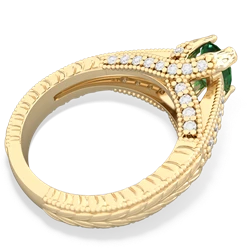 Lab Emerald Antique Style Milgrain Diamond 14K Yellow Gold ring R2028