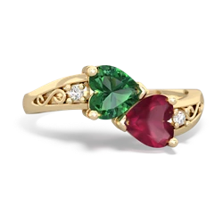 Lab Emerald Snuggling Hearts 14K Yellow Gold ring R2178