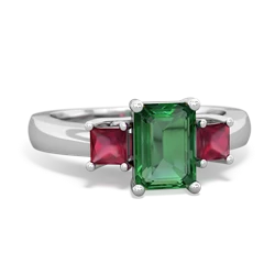 Lab Emerald Three Stone Emerald-Cut Trellis 14K White Gold ring R4021