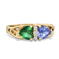 Lab Emerald Celtic Knot Double Heart 14K Yellow Gold ring R5040