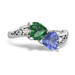 Lab Emerald Snuggling Hearts 14K White Gold ring R2178