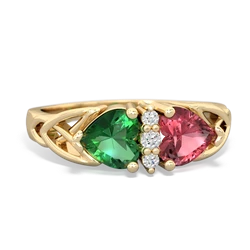 Lab Emerald Celtic Knot Double Heart 14K Yellow Gold ring R5040