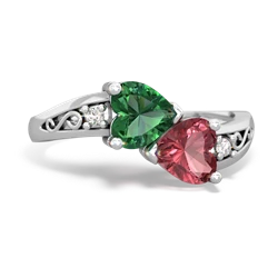 Lab Emerald Snuggling Hearts 14K White Gold ring R2178