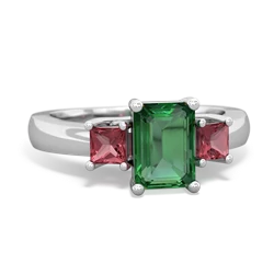 Lab Emerald Three Stone Emerald-Cut Trellis 14K White Gold ring R4021