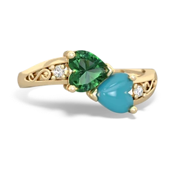 Lab Emerald Snuggling Hearts 14K Yellow Gold ring R2178