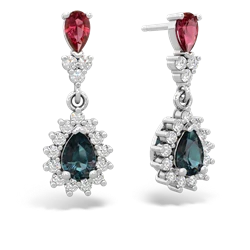 Lab Ruby Halo Pear Dangle 14K White Gold earrings E1882