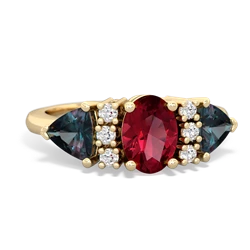 Lab Ruby Antique Style Three Stone 14K Yellow Gold ring R2186