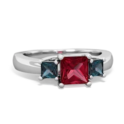 Lab Ruby Three Stone Trellis 14K White Gold ring R4015