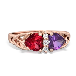 Lab Ruby Celtic Knot Double Heart 14K Rose Gold ring R5040