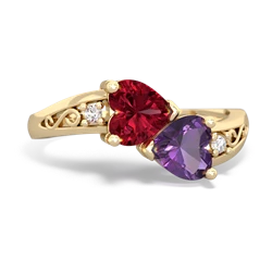 Lab Ruby Snuggling Hearts 14K Yellow Gold ring R2178