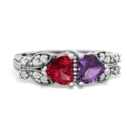 Lab Ruby Diamond Butterflies 14K White Gold ring R5601