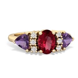 Lab Ruby Antique Style Three Stone 14K Yellow Gold ring R2186