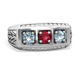 Lab Ruby Three Stone Tire Tread Men's 14K White Gold ring R0520