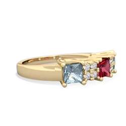 Lab Ruby Three Stone Diamond Cluster 14K Yellow Gold ring R2592