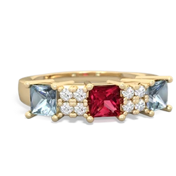 Lab Ruby Three Stone Diamond Cluster 14K Yellow Gold ring R2592