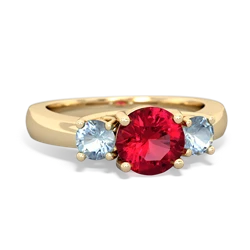 Lab Ruby Three Stone Round Trellis 14K Yellow Gold ring R4018