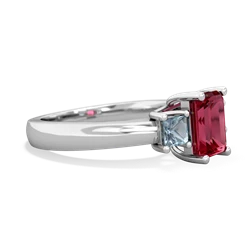 Lab Ruby Three Stone Emerald-Cut Trellis 14K White Gold ring R4021