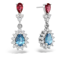 Lab Ruby Halo Pear Dangle 14K White Gold earrings E1882