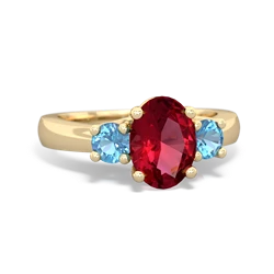 Lab Ruby Three Stone Oval Trellis 14K Yellow Gold ring R4024