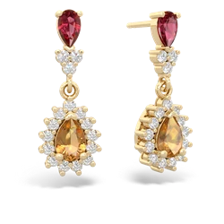 Lab Ruby Halo Pear Dangle 14K Yellow Gold earrings E1882